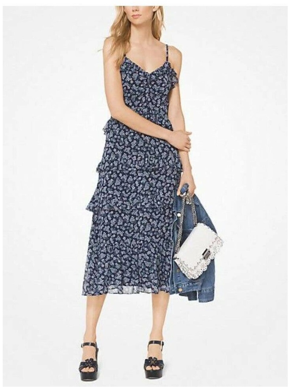 Michael Kors Navy Floral Ruffle Tiered Midi Dress